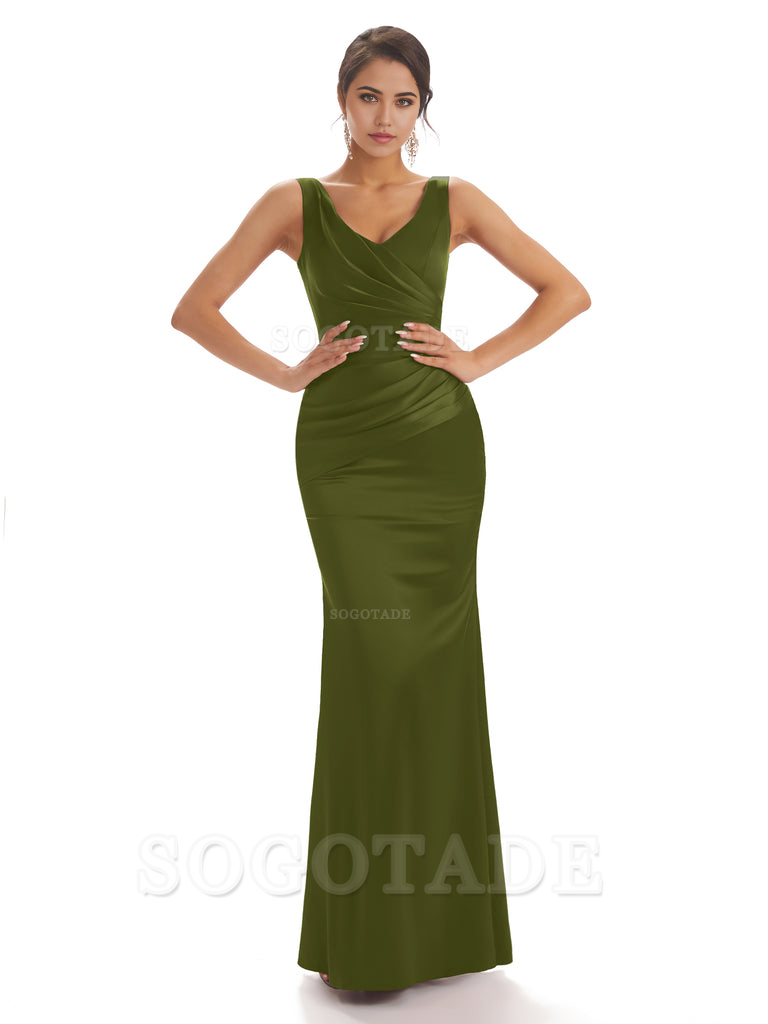 Sheath Sleeveless V-neck Floor-Length Satin formal dresses evening gown Bridesmaid Dresses With Pleats 