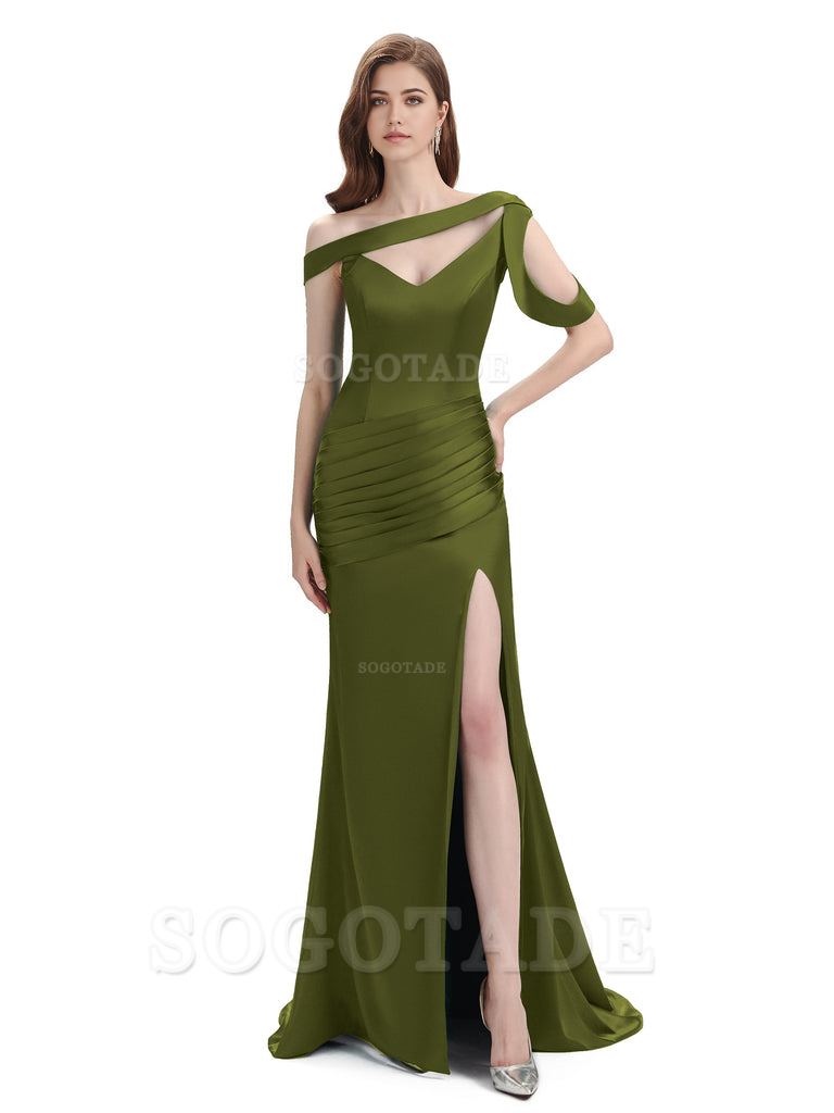 Mermaid V-Neck Satin Floor-Length formal dresses evening gown Bridesmaid Dresses With Side Slit 