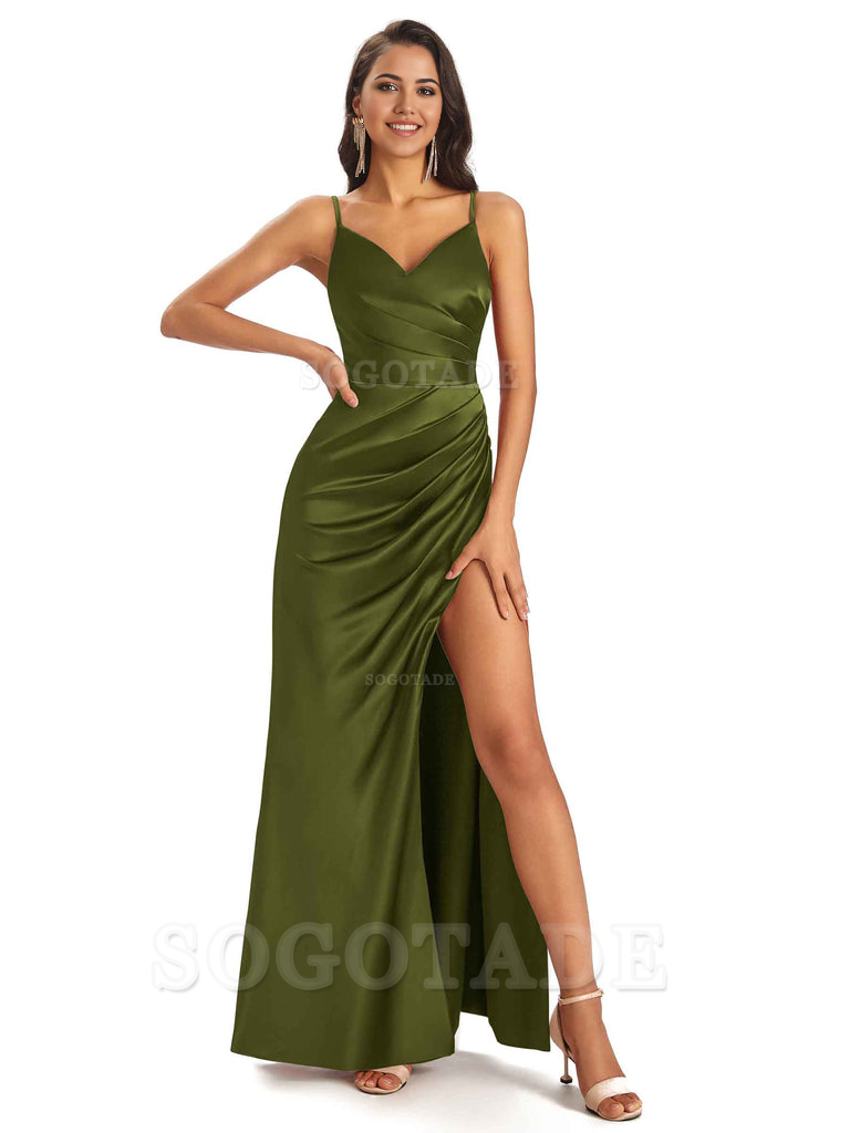 Sheath V-Neck Spaghetti Straps formal dresses evening gown Bridesmaid Dresses With Side Slit 