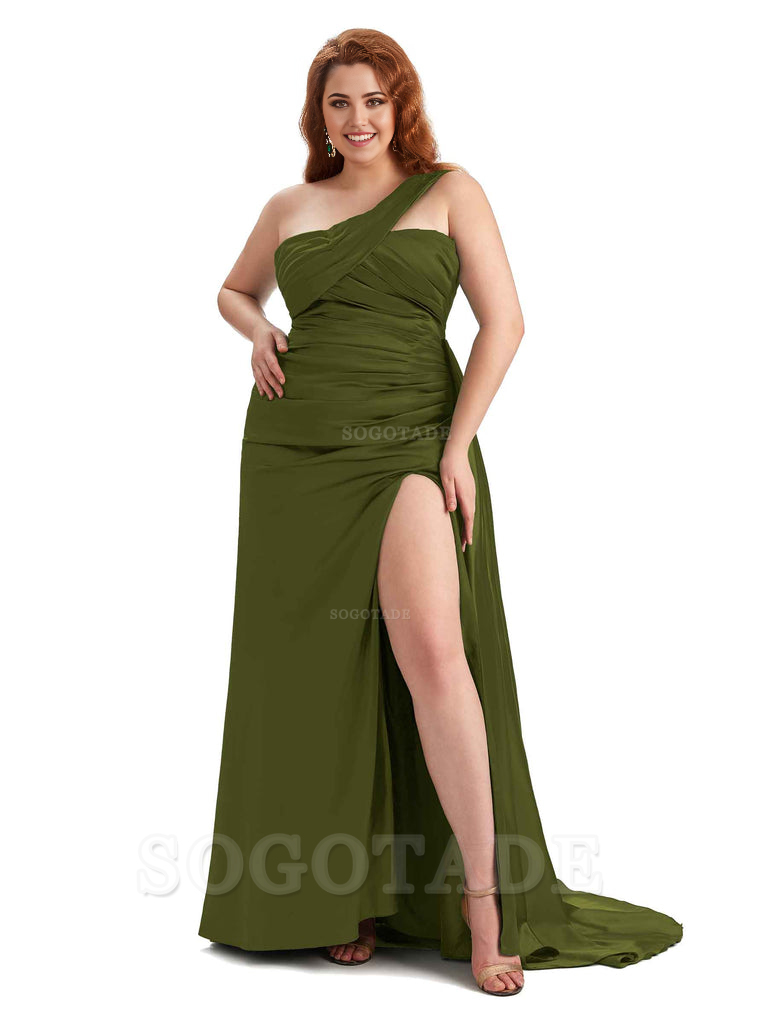  One Shoulder Sleeveless Sexy Side Hight Slit Mermaid Soft Satin Long Plus Size Bridesmaid Gowns