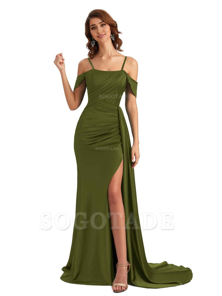 Sexy Side Slit Cold Shoulder Mermaid Satin Chic Long Wedding Guest Dresses