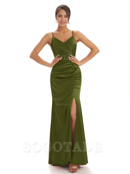Spaghetti Straps Pleats Satin formal dresses evening gown Bridesmaid Dresses With Side Slit 
