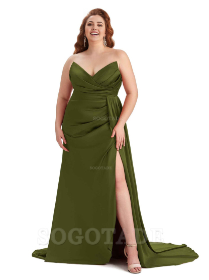 Sexy V-neck Side Slit Sleeveless Mermaid Soft Satin Long Plus Size Bridesmaid Gowns