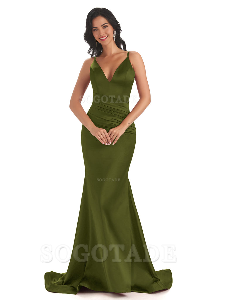 Mermaid Spaghetti V-Neck Straps Satin Long formal dresses evening gown Bridesmaid Dresses With Side Slit 