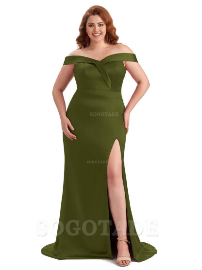 Elegant Off The Shoulder Sleeveless Side Slit Mermaid Soft Satin Long Plus Size Bridesmaid Gowns