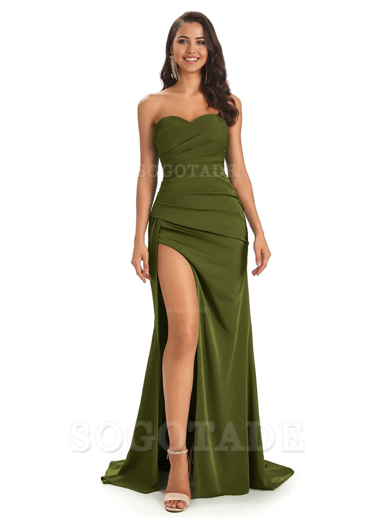 Mermaid Strapless Sweetheart Satin Long formal dresses evening gown Bridesmaid Dresses With Side Slit 
