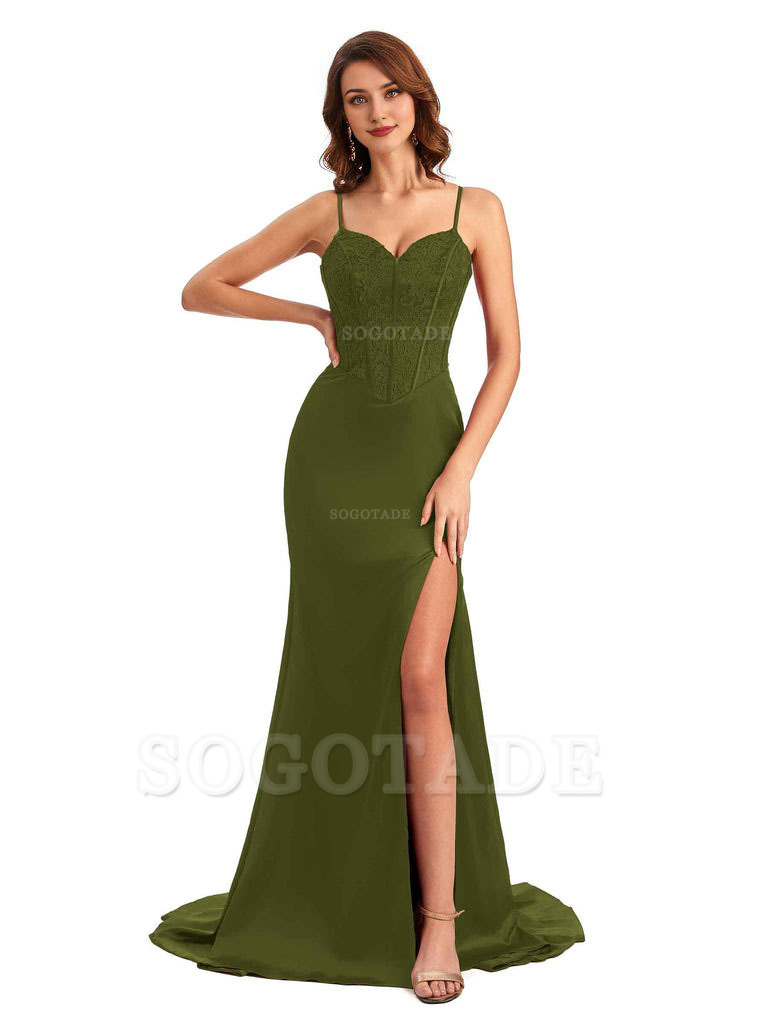 Sexy Side Slit Mermaid Silky Satin V-Neck Lace Unique Long Bridesmaid Dresses