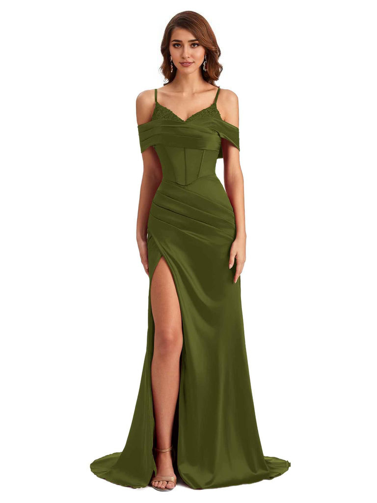  Sexy Side Slit Mermaid Silky Satin V-Neck Cold Shoulder Unique Nice Wedding Guest Dresses