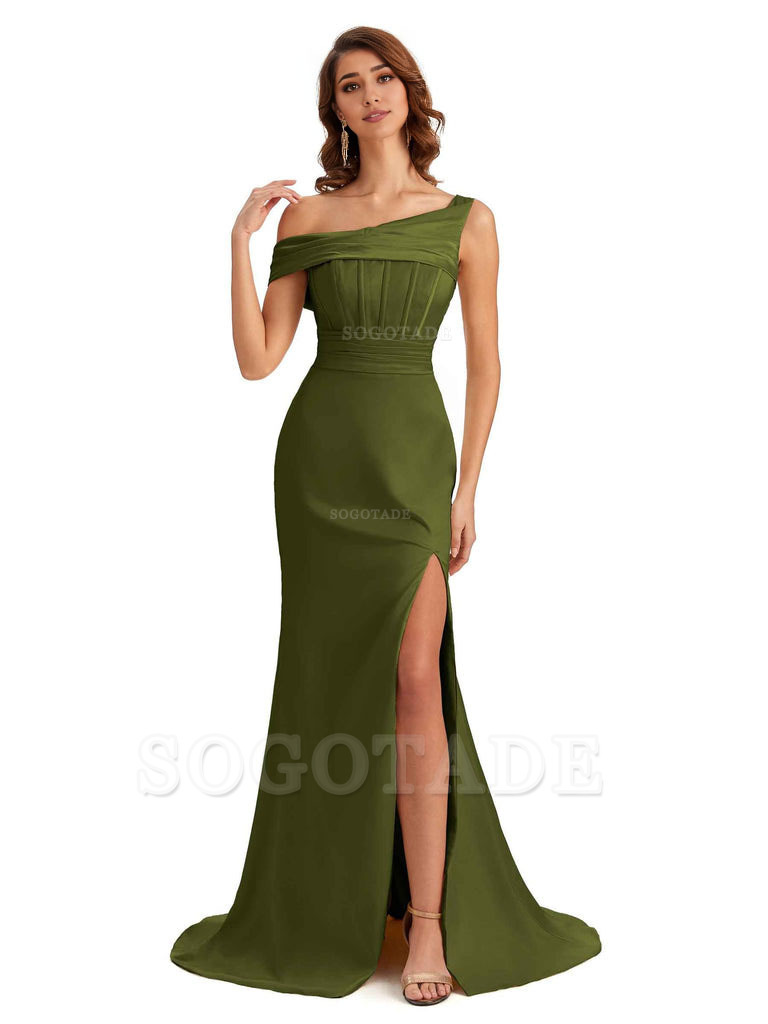 Elegant Asymmetrical Neck Soft Satin Side Slit Long Mermaid Bridesmaid Dresses