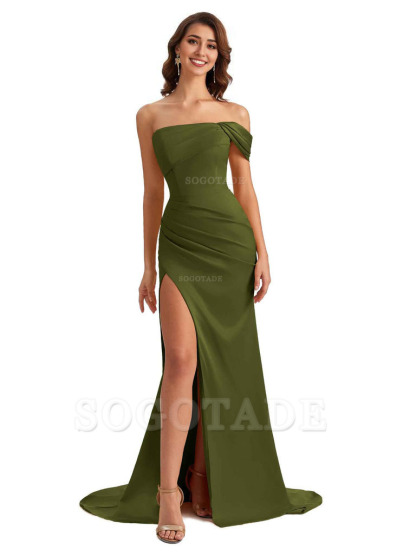 Unique One Shoulder Side Slit Satin Long Formal Dresses For Bridesmaid Dresses