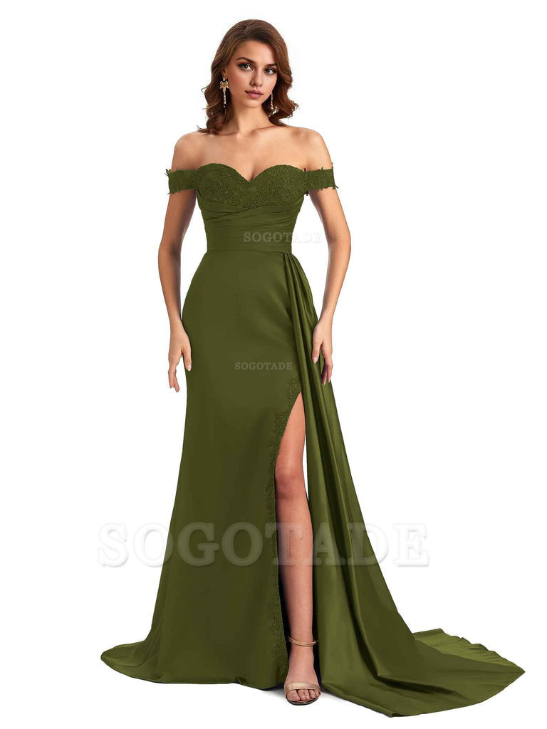 Sexy Off The Shoulder Mermaid Side Slit Silky Satin Long Bridesmaid Dress For Wedding