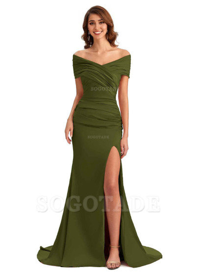 Sexy Off The Shoulder Side Slit Mermaid Satin Unique Long Formal Wedding Guest Dresses