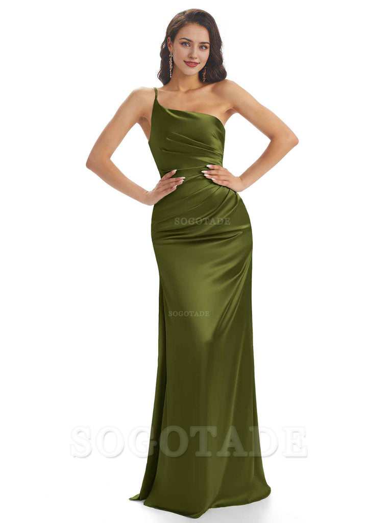Sexy Soft Satin One Shoulder Side Slit Mermaid Long Bridesmaid Dresses prom dress shop ﻿
