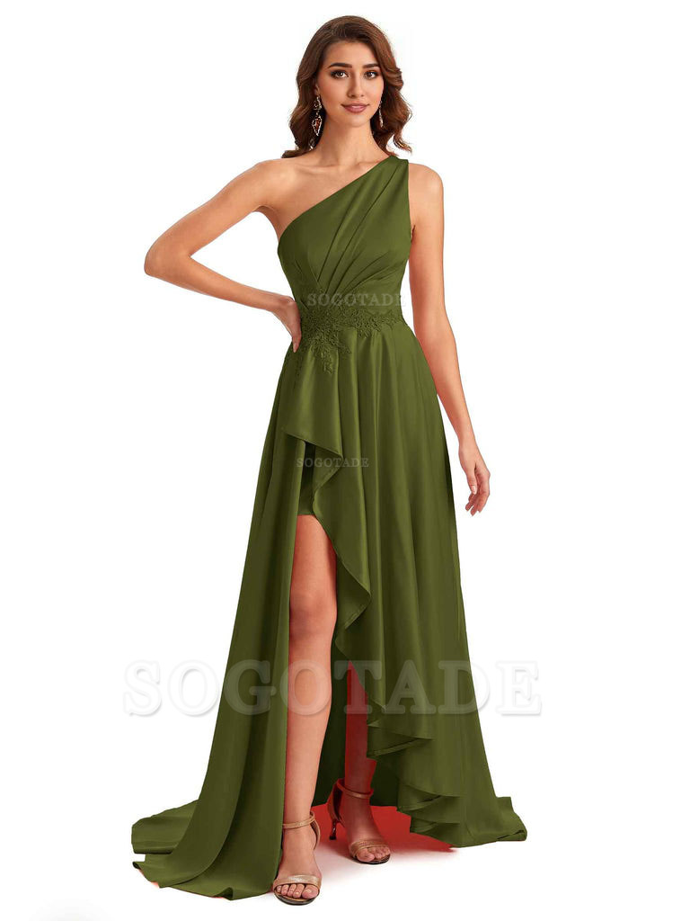 Sexy One Shoulder A-Line High Low Silky Satin Lace Long Formal Wedding Guest Dresses