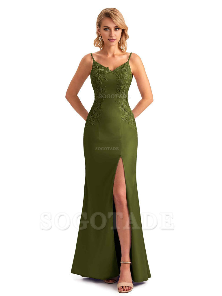 Sexy Side Split Mermaid Spaghetti Straps Soft Satin Unique Lace Long Bridesmaid Dresses