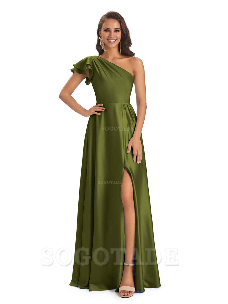 A-Line One Shoulder Ladies Long Bridesmaid Dresses Soft Satin Side Slit Elegant Evening Party Dress