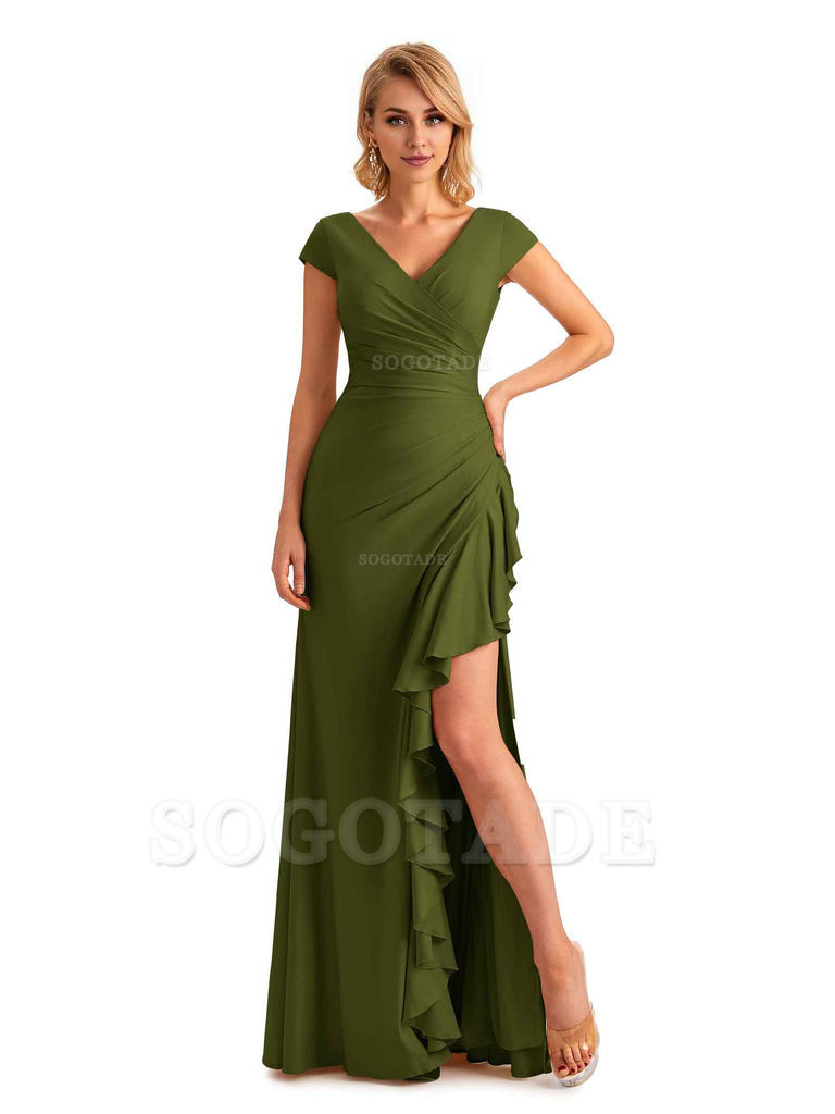 Sexy Side Slit Short Sleeves Mermaid Soft Satin Unique Long Maid Of Honor Dresses