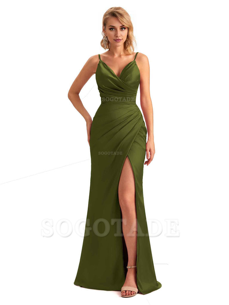 Sexy Side Slit V-Neck Mermaid Silky Satin Unique Long Formal Ladies Bridesmaid Dresses