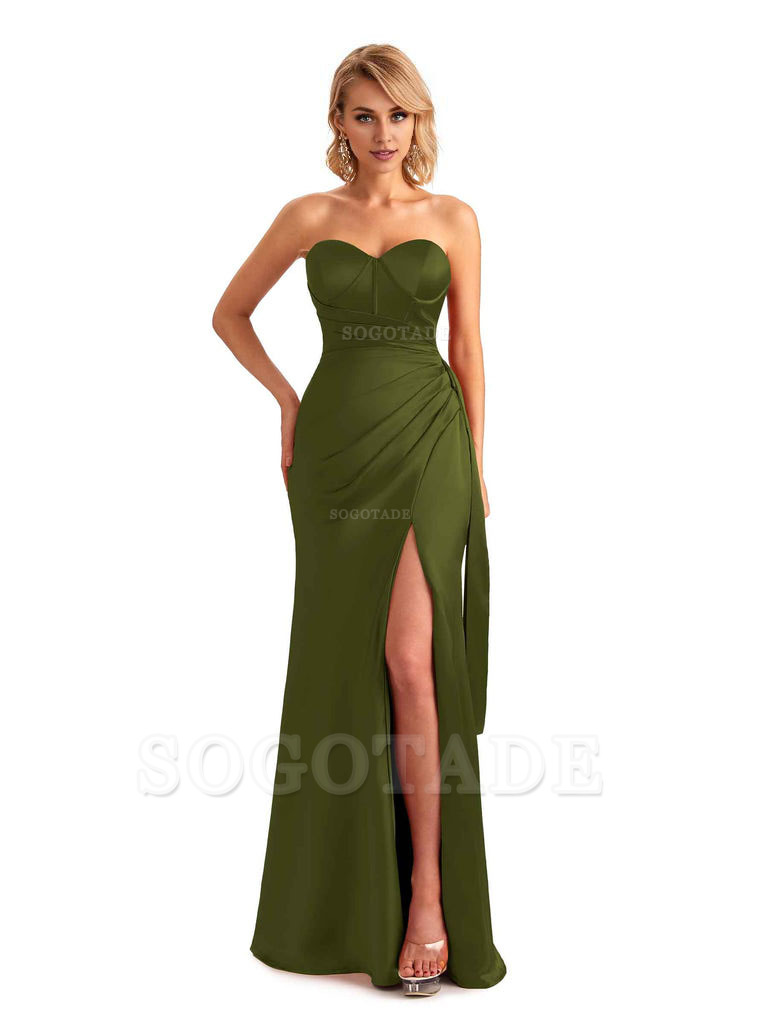 Sexy Side Slit Strapless Mermaid Soft Satin Unique Long Bridesmaid Dress For Wedding