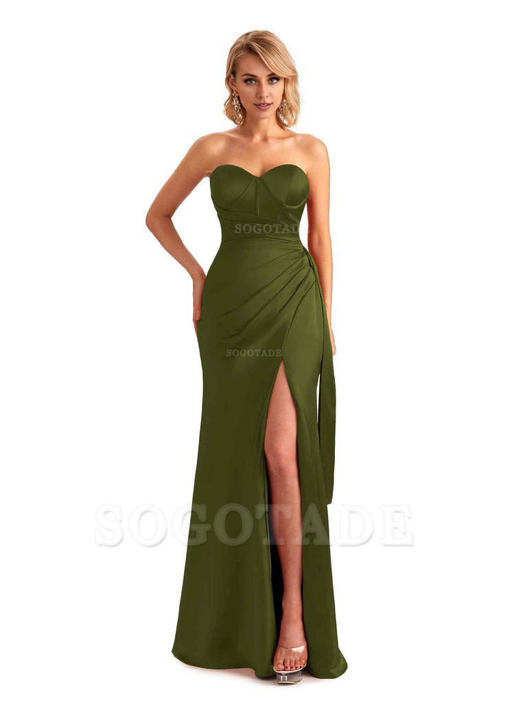 Sexy Side Slit Strapless Mermaid Soft Satin Unique Long Bridesmaid Dress For Wedding