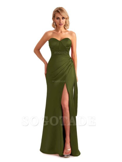 Sexy Side Slit Strapless Mermaid Soft Satin Unique Long Bridesmaid Dress For Wedding