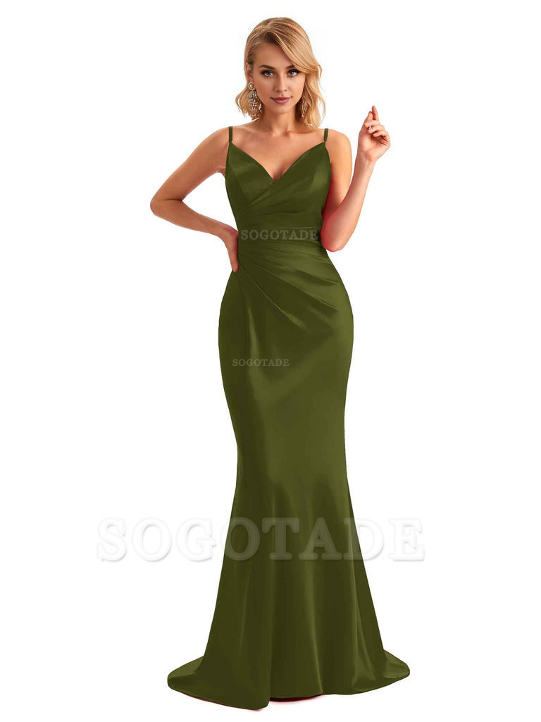  Sexy Backless Mermaid Spaghetti Straps Unique Long Formal Satin Dress For Women