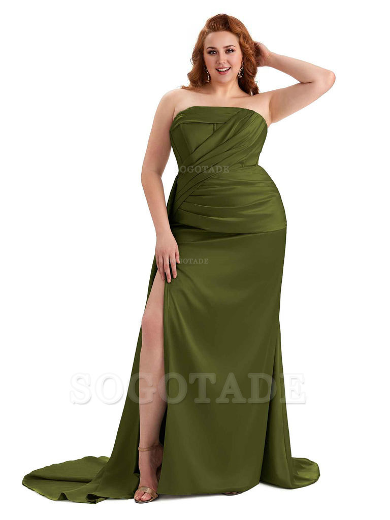 Sexy Side Slit Mermaid Soft Satin Formal Wedding Plus Size Bridesmaid Dresses
