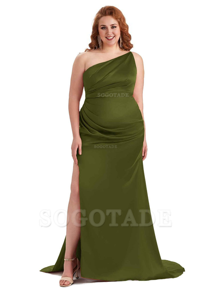 Sexy One Shoulder Side Slit Mermaid Soft Satin Long Plus Size Bridesmaid Dress For Wedding