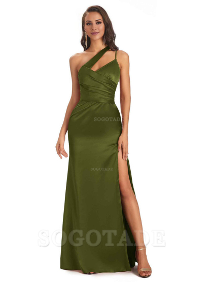 Elegant Soft Satin Side Slit One Shoulder Floor-Length Maxi Bridesmaid Dresses Evening Party Dress