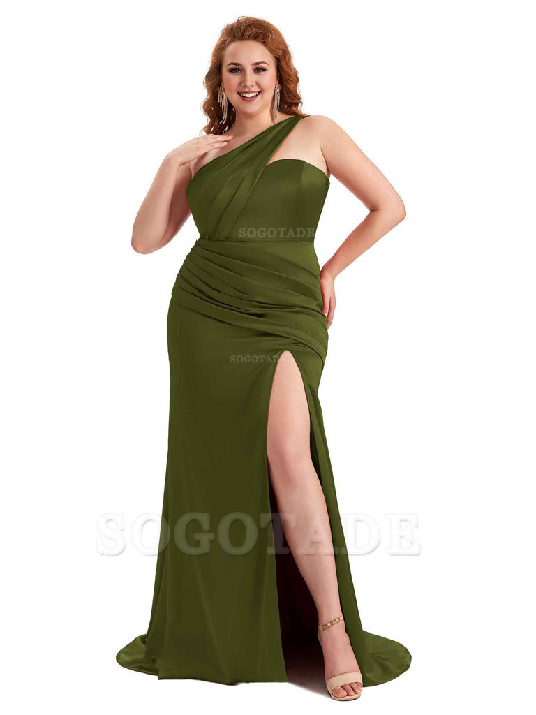 Sexy Side Slit One Shoulder Mermaid Soft Satin Long Plus Size Matron of Honor Dress For Wedding