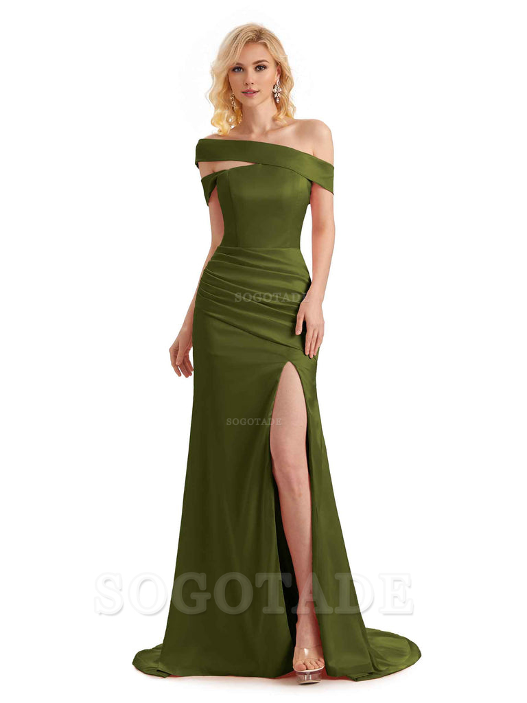 Elegant Asymmetrical Unique Soft Satin Side Slit Long Mermaid Bridesmaid Dresses Charming Evening Party Dress