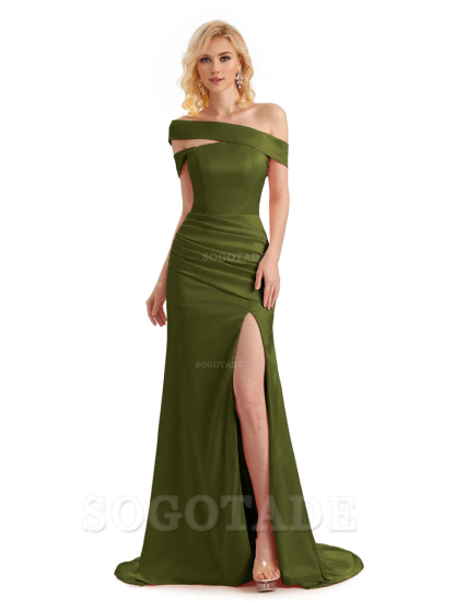Elegant Asymmetrical Unique Soft Satin Side Slit Long Mermaid Bridesmaid Dresses Charming Evening Party Dress