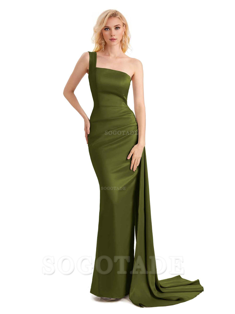 Elegant One Shoulder Soft Satin Mermaid Unique Long Bridesmaid Dresses Charming Evening Party Dress