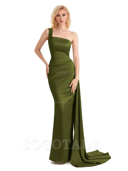 Elegant One Shoulder Soft Satin Mermaid Unique Long Bridesmaid Dresses Charming Evening Party Dress