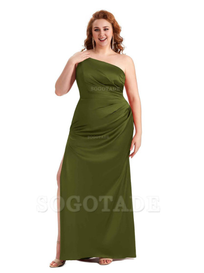 Sexy Side Slit One Shoulder Mermaid Soft Satin Long Plus Size Maid of Honour Dresses