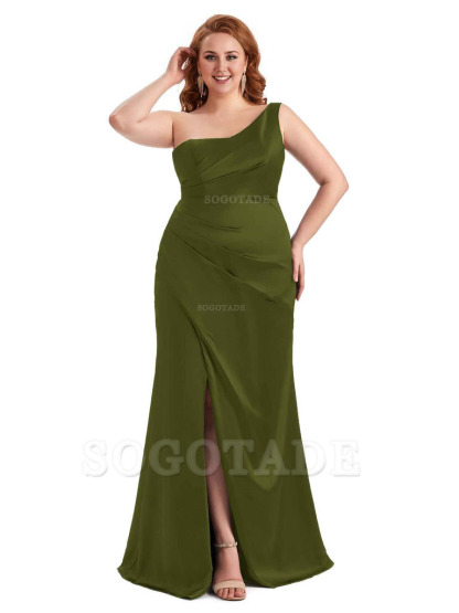Sexy Side Slit One Shoulder Mermaid Long Plus Size Satin Maxi Dresses