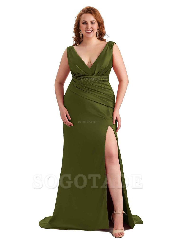 Elegant V-neck Side Slit Mermaid Soft Satin Long Plus Size Bridesmaid Dress For Wedding
