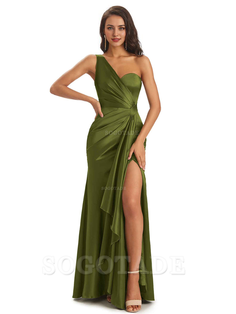Elegant Soft Satin Side Slit One Shoulder Unique Mermaid Bridesmaid Dresses Online prom dresses shops