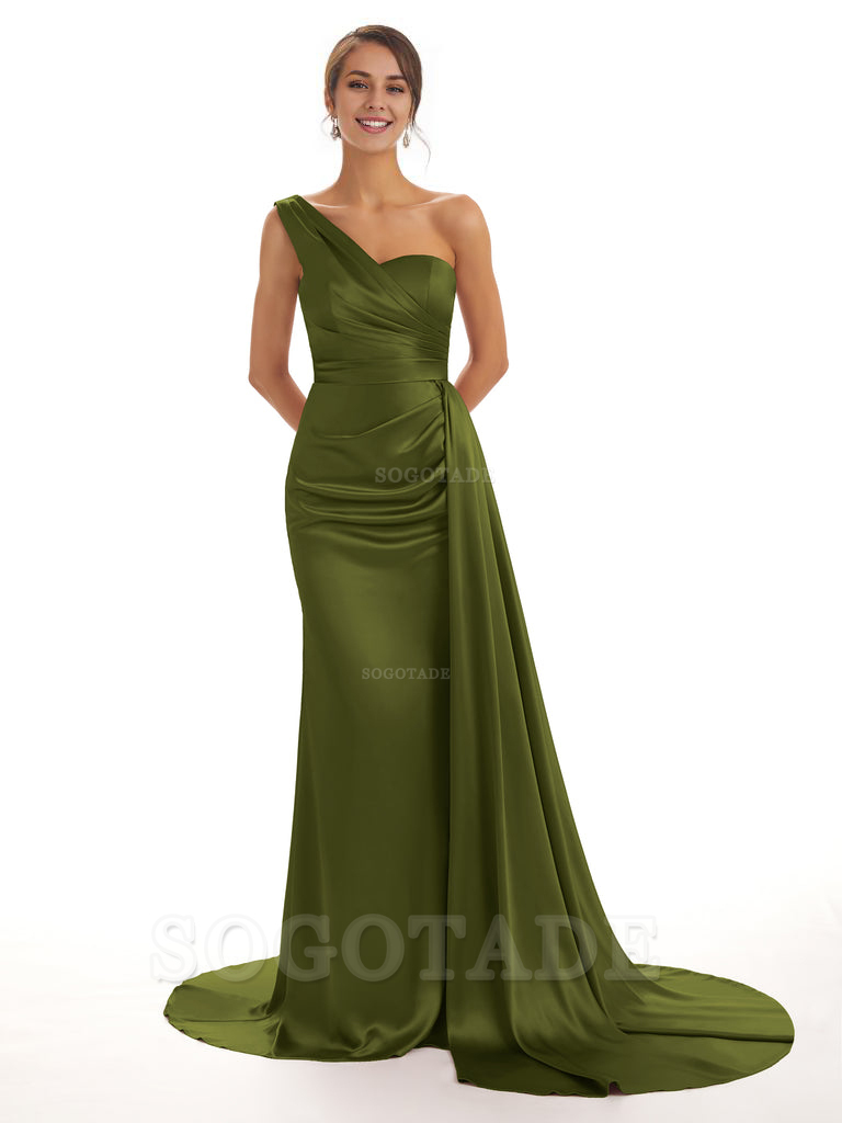 Elegant One Shoulder Soft Satin Unique Mermaid Long Bridesmaid Dresses Online prom dresses shops