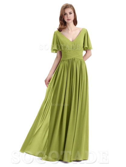 A-Line Chiffon Short Sleeves Elegant Floor-Length Bridesmaid Dresses Formal Women's Dresses Wedding Guests Dresses