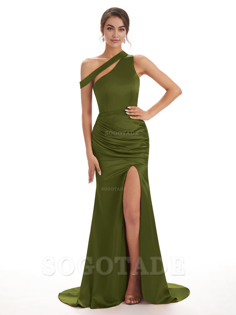 Sexy Soft Satin Side Slit One Shoulder Long Mermaid Bridesmaid Dresses prom dresses shops ﻿