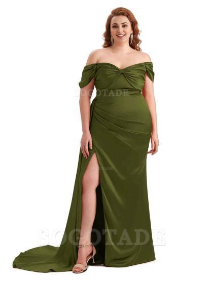 Sexy Side Slit Off The Shoulder Mermaid Soft Satin Long Plus Size Bridesmaid Dress For Wedding