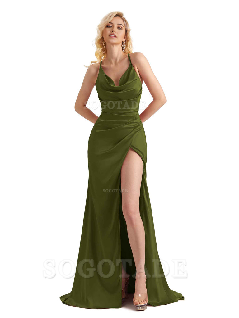 Sheath Cowl Neck Satin formal dresses evening gown Bridesmaid Dresses With Side Slit 