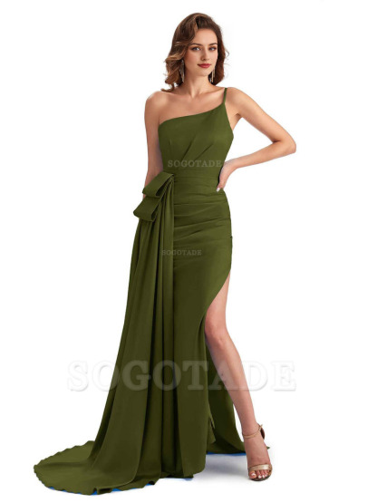 Sexy Side Slit Mermaid Silky Satin One Shoulder Modern Maxi Bridesmaid Dresses