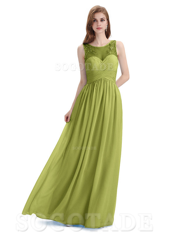 Elegant A-Line Chiffon Sleeveless Ruched Long Simple Bridesmaid Dresses Formal Women's Dresses Wedding Guests Dresses