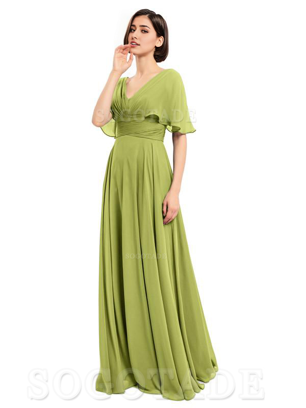  V-Neck Cap Sleeves Sleeves Chiffon Long Elegant Bridesmaid Dresses Formal Wear Dresses