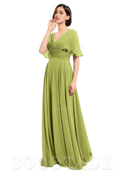 V-Neck Cap Sleeves Sleeves Chiffon Long Elegant Bridesmaid Dresses Formal Wear Dresses