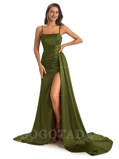 Sexy Soft Satin Side Slit Spaghetti Straps Long Mermaid Bridesmaid Dresses Online prom shop dresses ﻿