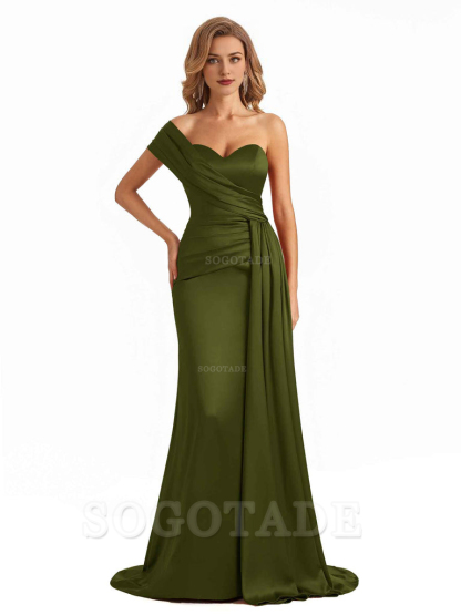 Elegant One Shoulder Soft Satin Long Mermaid Bridesmaid Dresses Online prom shop dresses ﻿