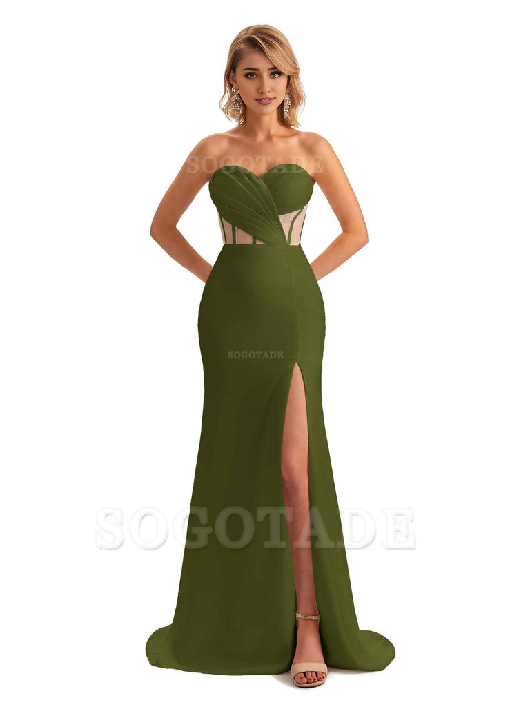 Sexy Sweetheart Strapless Side Slit Mermaid Soft Satin Unique Long Bridesmaid Dress For Wedding